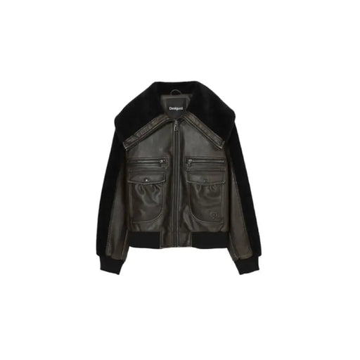 Black leather bomber jacket with fur collar and zippered pockets by Desigual for women