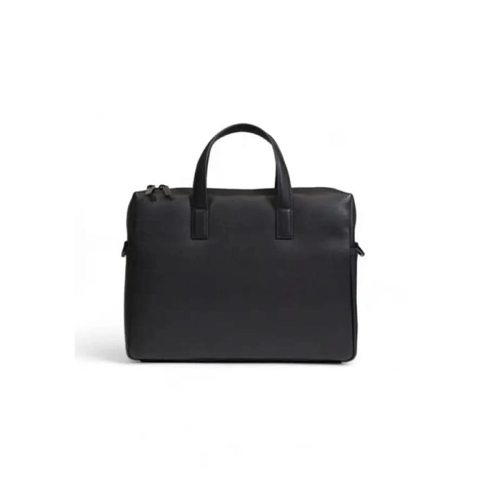 Black leather briefcase with short handles and zipper closure by Calvin Klein Men Bag