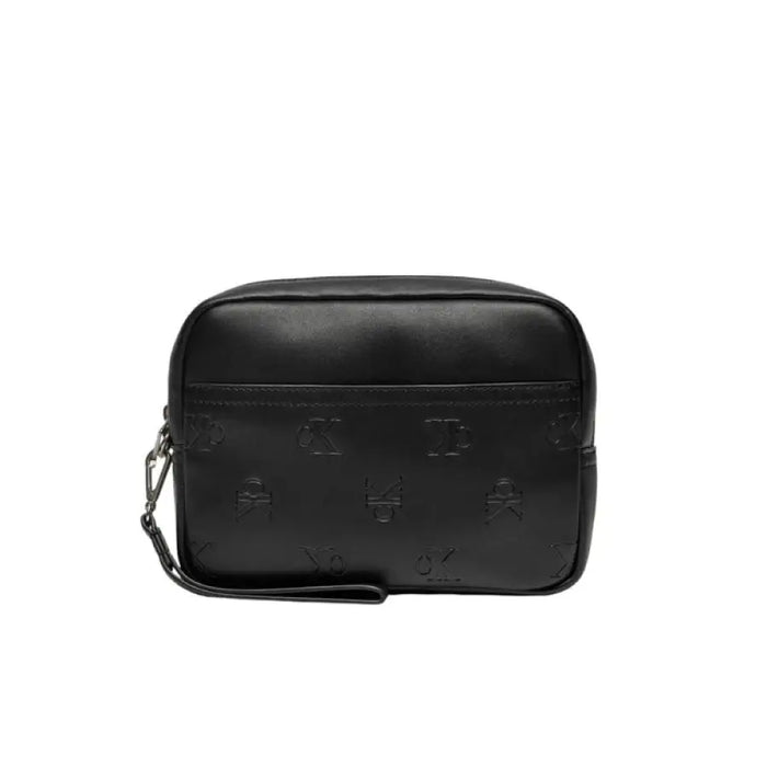 Black leather clutch bag with embossed pattern and zipper closure from Calvin Klein