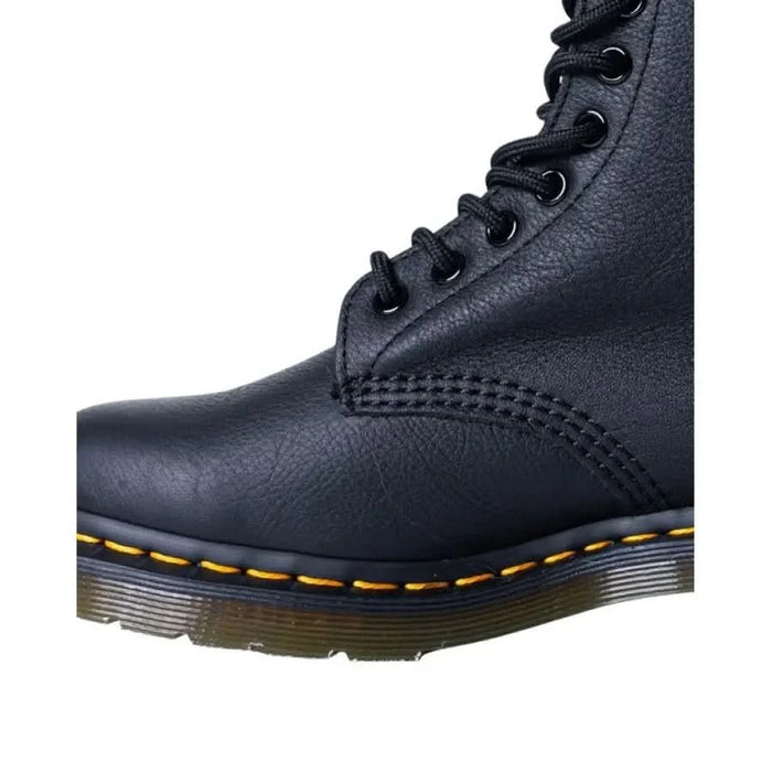 Black leather combat boot with yellow stitching and chunky sole - Dr. Martens Women Boots