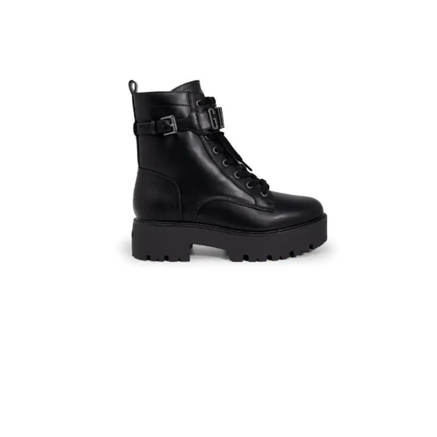 Stylish black leather combat boot with chunky platform sole and buckle strap detail - Guess Women Boots