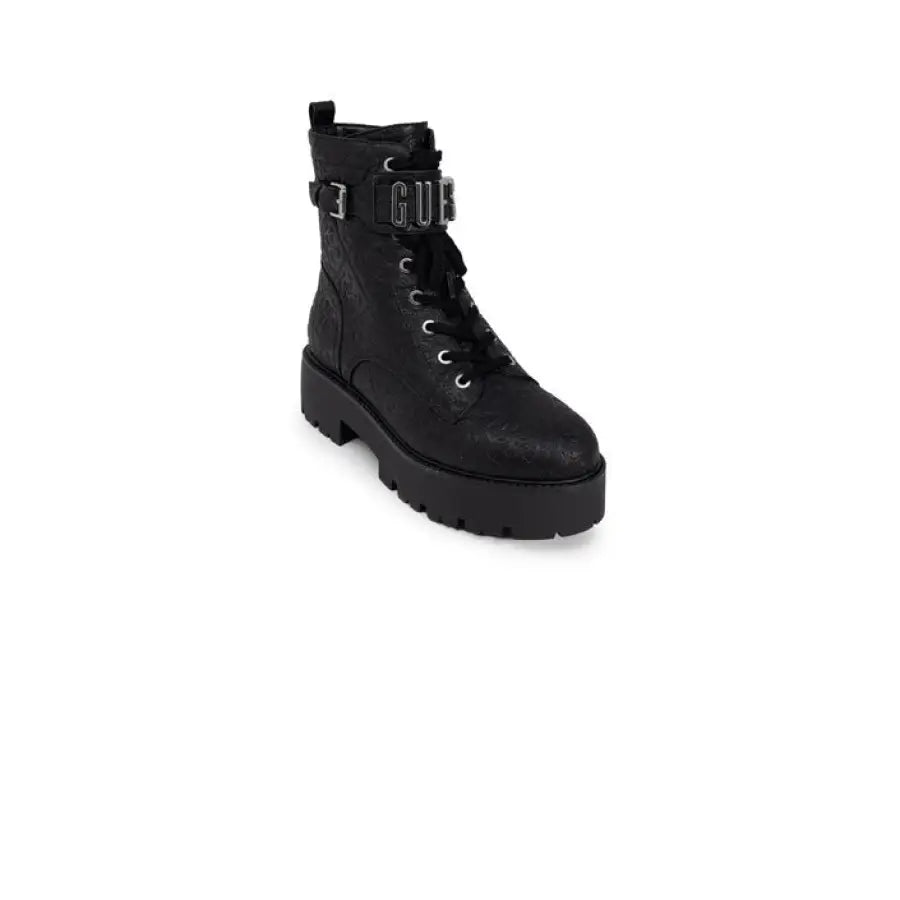 Guess Women Boots - Black leather combat boot with chunky sole and buckle strap
