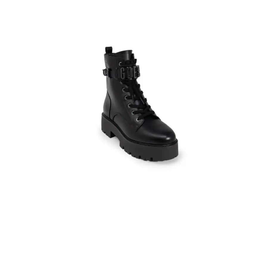 Guess Women Boots - Black Leather Combat Boot with Chunky Sole and Buckle Detail