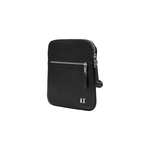 Black leather crossbody bag with silver zippers and AX branding for men by Armani Exchange