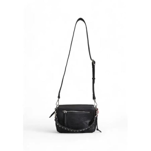 Black leather crossbody bag by Desigual featuring silver hardware and braided detail