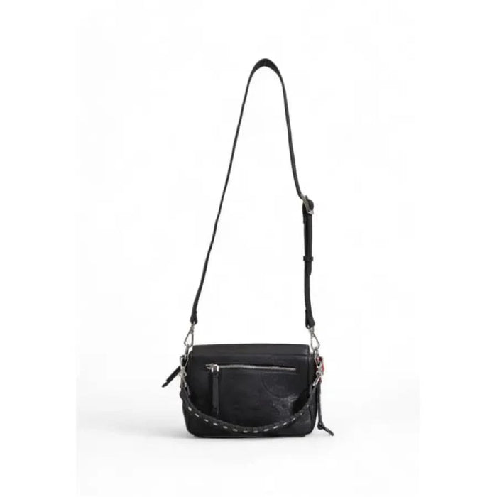 Black leather crossbody bag by Desigual featuring silver hardware and braided detail