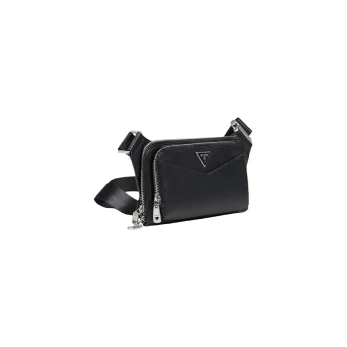 Black leather crossbody bag with zipper details and triangular logo by Guess