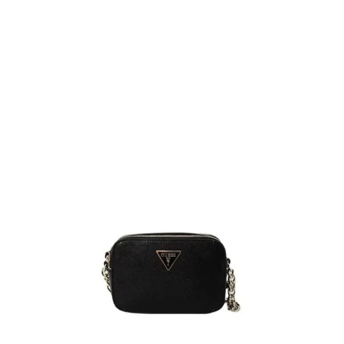 Black leather crossbody bag with triangular logo and chain strap from Guess Women Bag