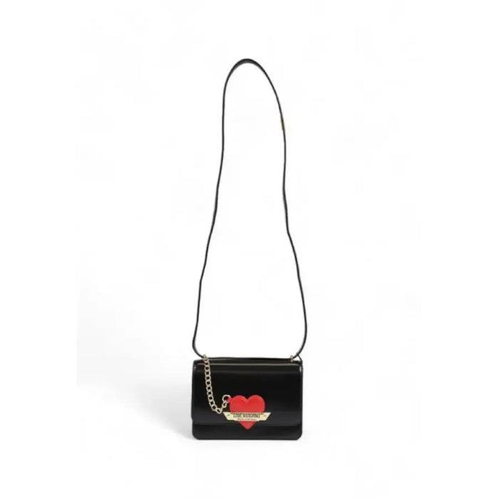 Black leather crossbody bag with heart design by Love Moschino for women