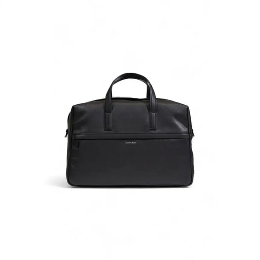 Black leather duffle bag featuring handles and zippered compartment by Calvin Klein