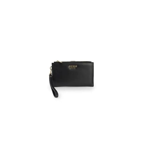 Black leather Guess wristlet clutch with gold-tone branding for women