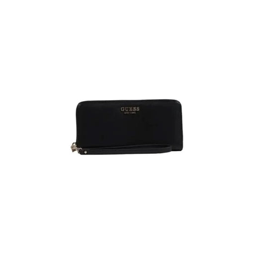 Black leather Guess wallet for women with wrist strap, stylish and functional accessory