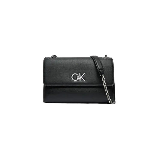 Black leather handbag with silver CK logo and chain strap from Calvin Klein Women Bag