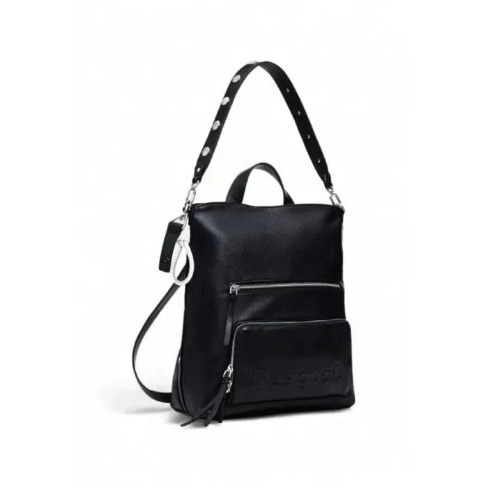 Black leather handbag from Desigual with zippered compartments and adjustable strap