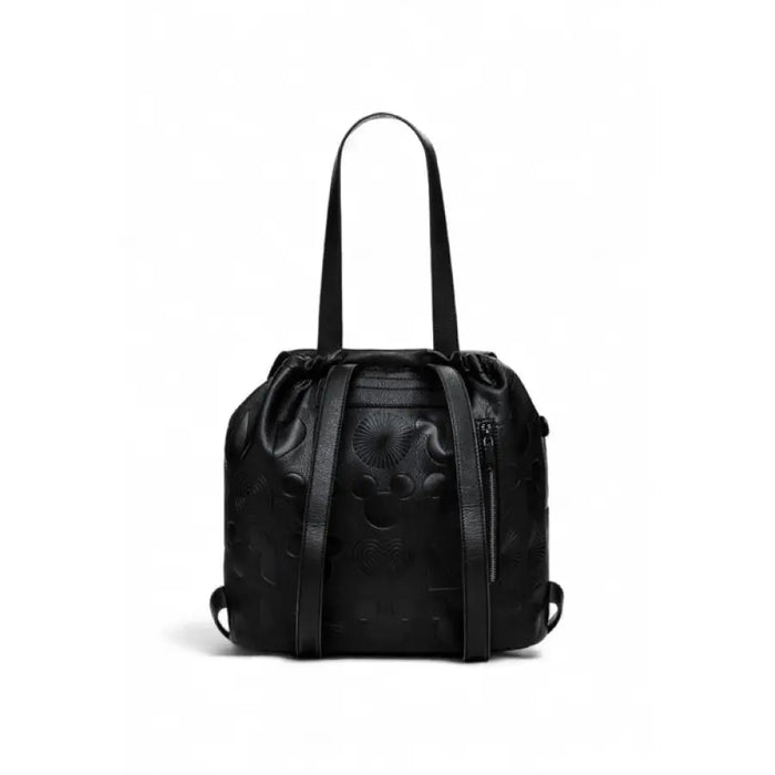 Black leather handbag with multiple straps and drawstring closure by Desigual