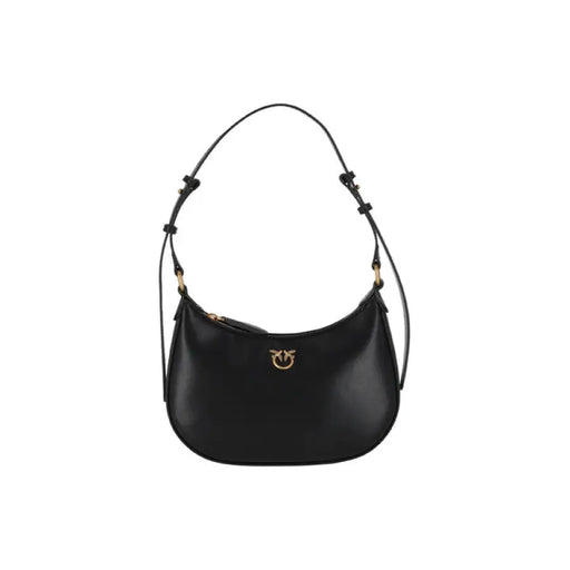 Black leather hobo-style handbag with curved shoulder strap and gold hardware by Pinko