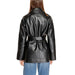 Black leather jacket with belt, back view on model in blue jeans - Only Women Jacket