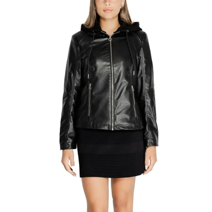 Black leather jacket with hood and zipper closure from Street One for women