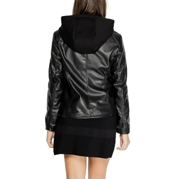 Black leather jacket with a hood and knit trim from Street One for women