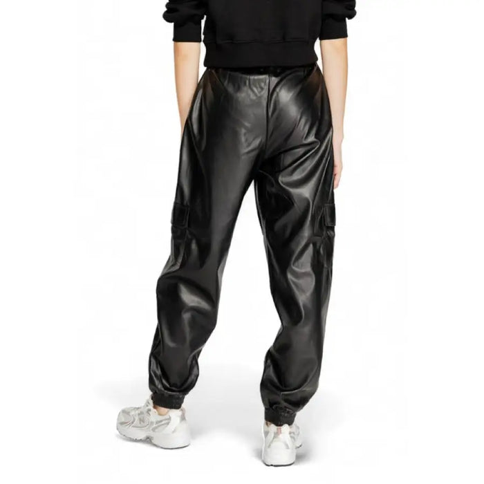 Black leather jogger pants with elastic cuffs from Only Women Trousers collection