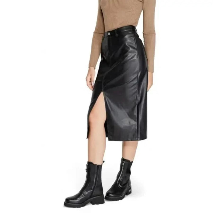 Black leather midi skirt with side slit from Only for women, stylish and fashionable