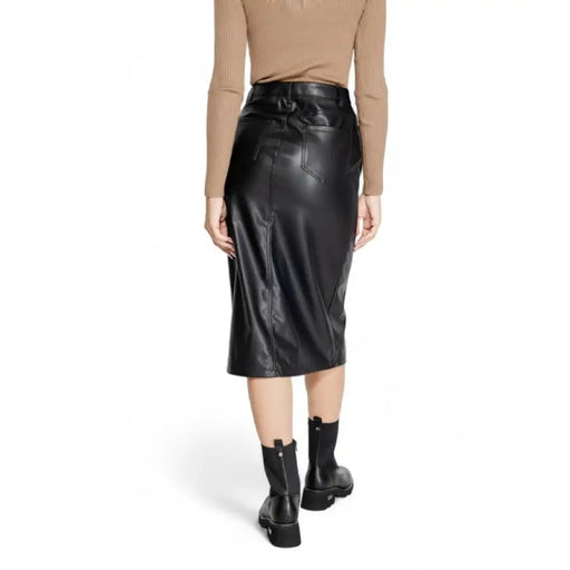 Black leather midi skirt with high waist and fitted silhouette from Only Women Skirt