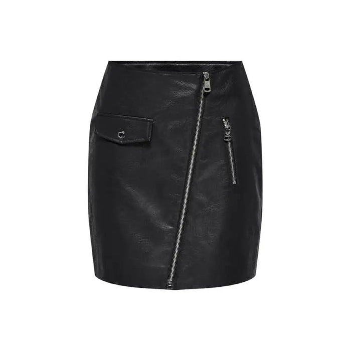 Black leather mini skirt by Only featuring diagonal zipper and pocket detail