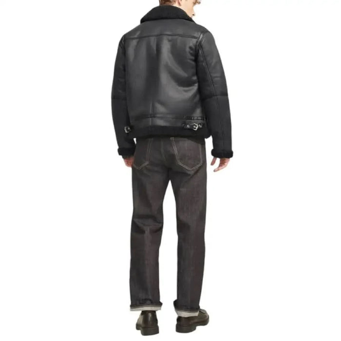 Black leather motorcycle-style jacket with collar and zippered details by Jack & Jones