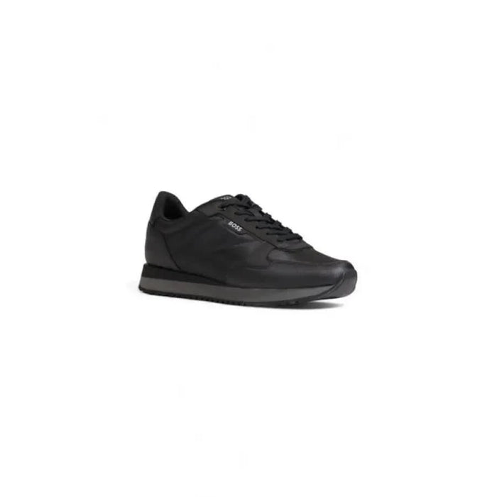 Black leather low profile sneaker with a monochromatic design from Boss Men Sneakers