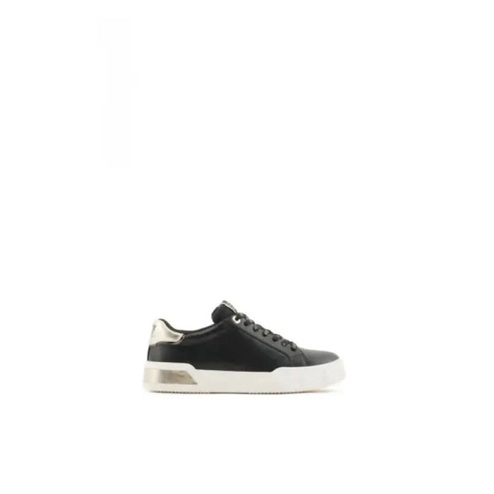 EA7 Women Sneakers: Black leather sneaker with white sole and gold heel accent