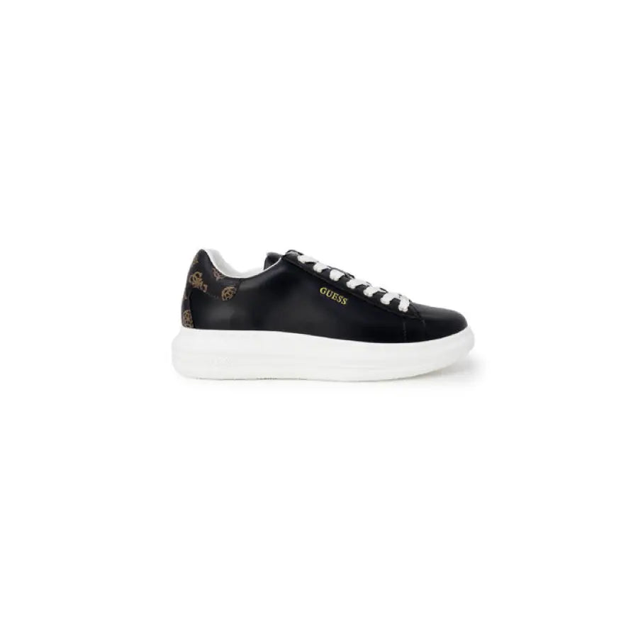 Black leather sneaker with white platform sole and Guess logo on Guess Women Sneakers