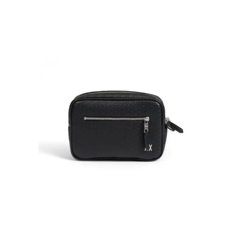 Black leather toiletry bag with silver zipper pocket from Armani Exchange