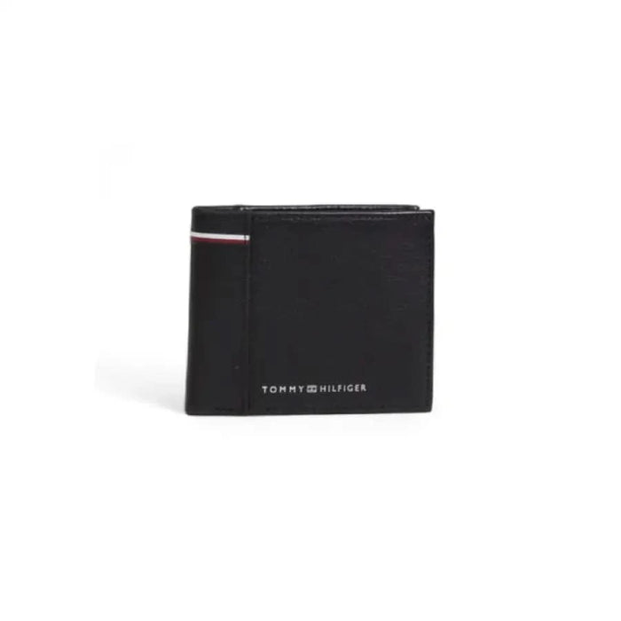 Black leather Tommy Hilfiger Men Wallet with red and white stripe detail