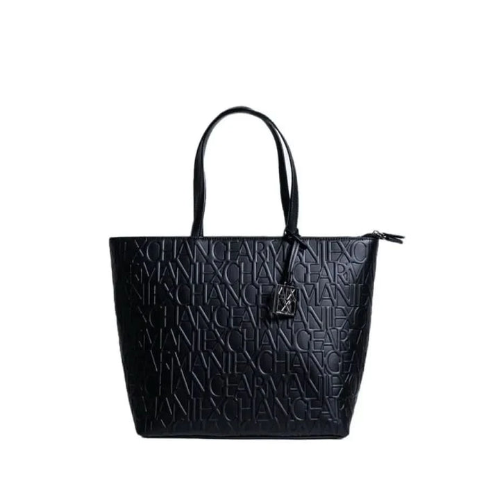 Black leather tote bag with embossed text pattern from Armani Exchange Women Bag