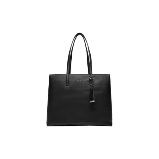 Black leather tote bag with double handles and charm, Calvin Klein Women Bag