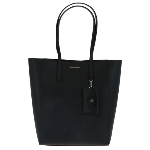 Black leather tote bag with double handles and tag from Michael Kors Women Bag collection