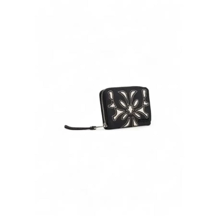 Black leather wallet with white floral embroidery by Desigual for women