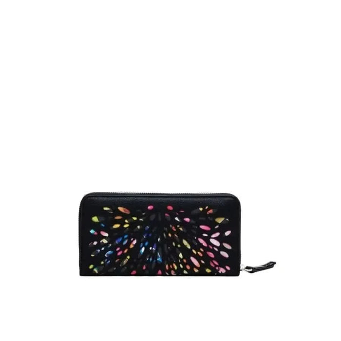 Black leather wallet by Desigual featuring colorful jewel starburst embellishments