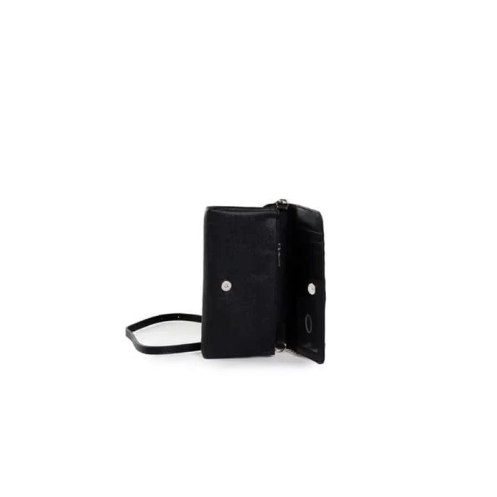 Black leather wallet with strap, featured in Guess Women’s Bag collection