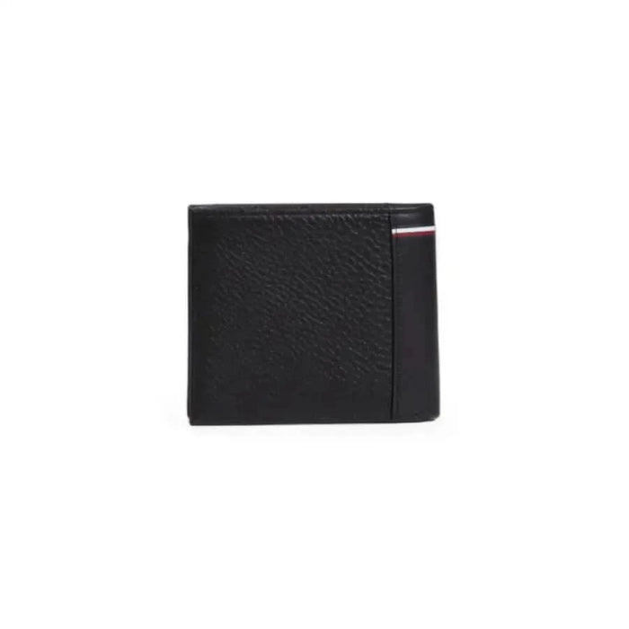 Tommy Hilfiger Men Wallet in black leather with red, white, and blue stripe detail on edge