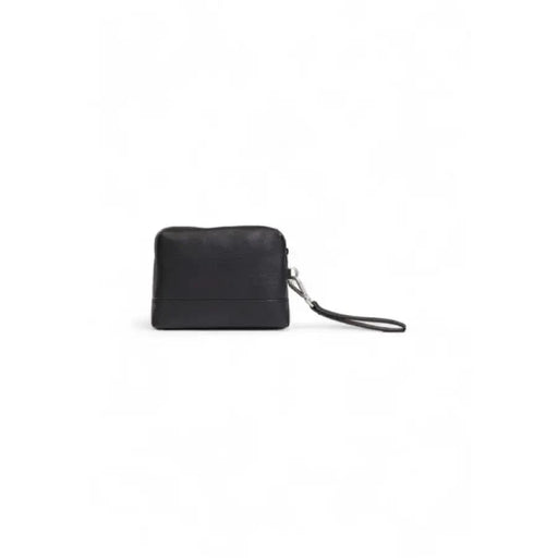 Black leather wristlet clutch with zipper closure by Tommy Hilfiger for men