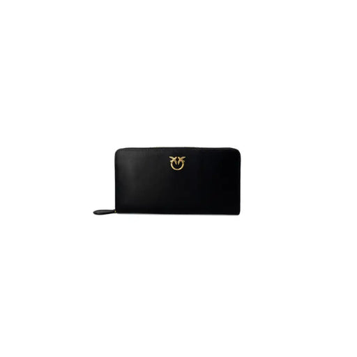 Black leather zip-around wallet featuring a gold logo emblem from Pinko Women Wallet