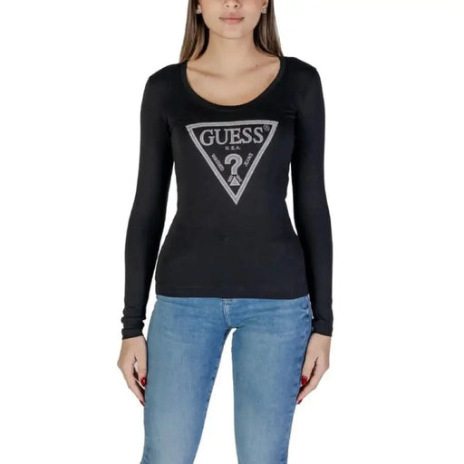 Black long-sleeve Guess T-shirt featuring silver triangle logo on front