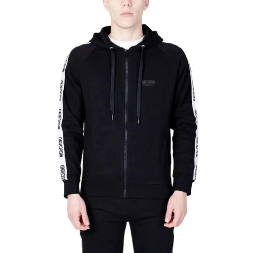 Black Moschino zip-up hoodie with white logo stripes on sleeves - Moschino Underwear Men