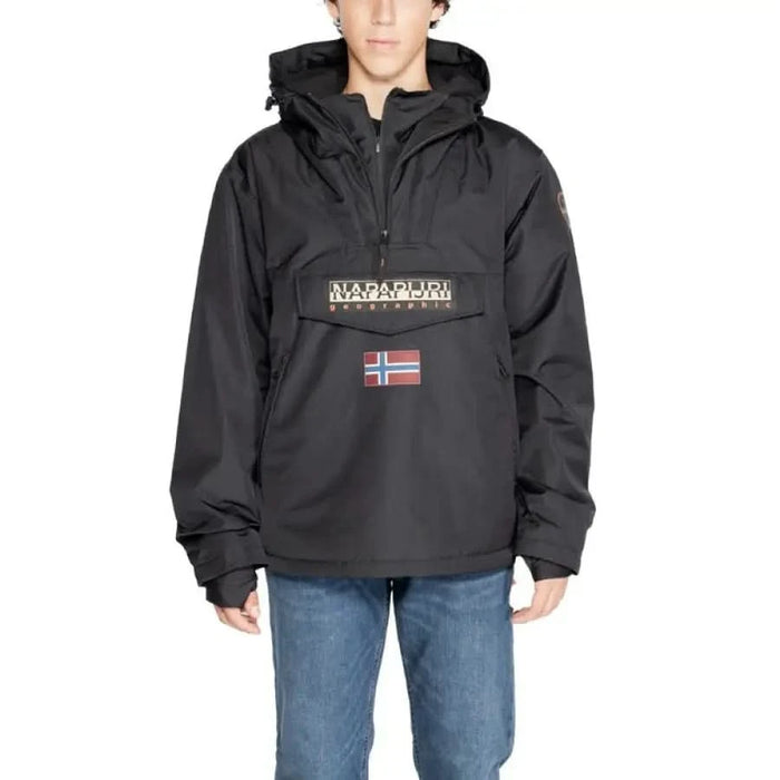 Black Napapijri pullover jacket featuring a Norwegian flag patch for men