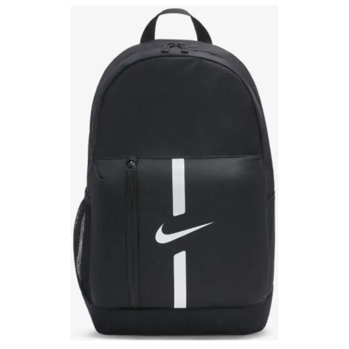 Black Nike backpack featuring white swoosh logo and striped details for men