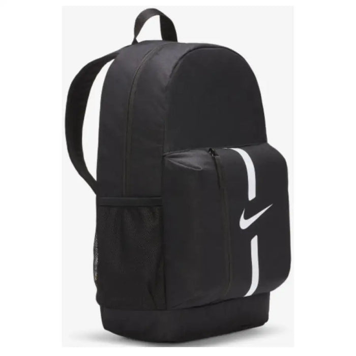 Black Nike backpack featuring a white swoosh logo and front pocket for practicality