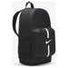 Black Nike backpack featuring a white swoosh logo and front pocket for practicality