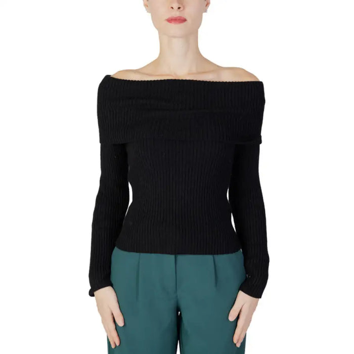 Black off-shoulder ribbed sweater with long sleeves from Only Women Knitwear