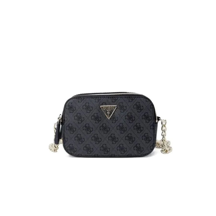 Black patterned Guess handbag with chain strap, featuring elegant design for women